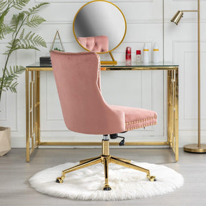 Adjustable  Office Chair, Velvet Upholstered Tufted Button, Golden Metal Base, Pink LamCham