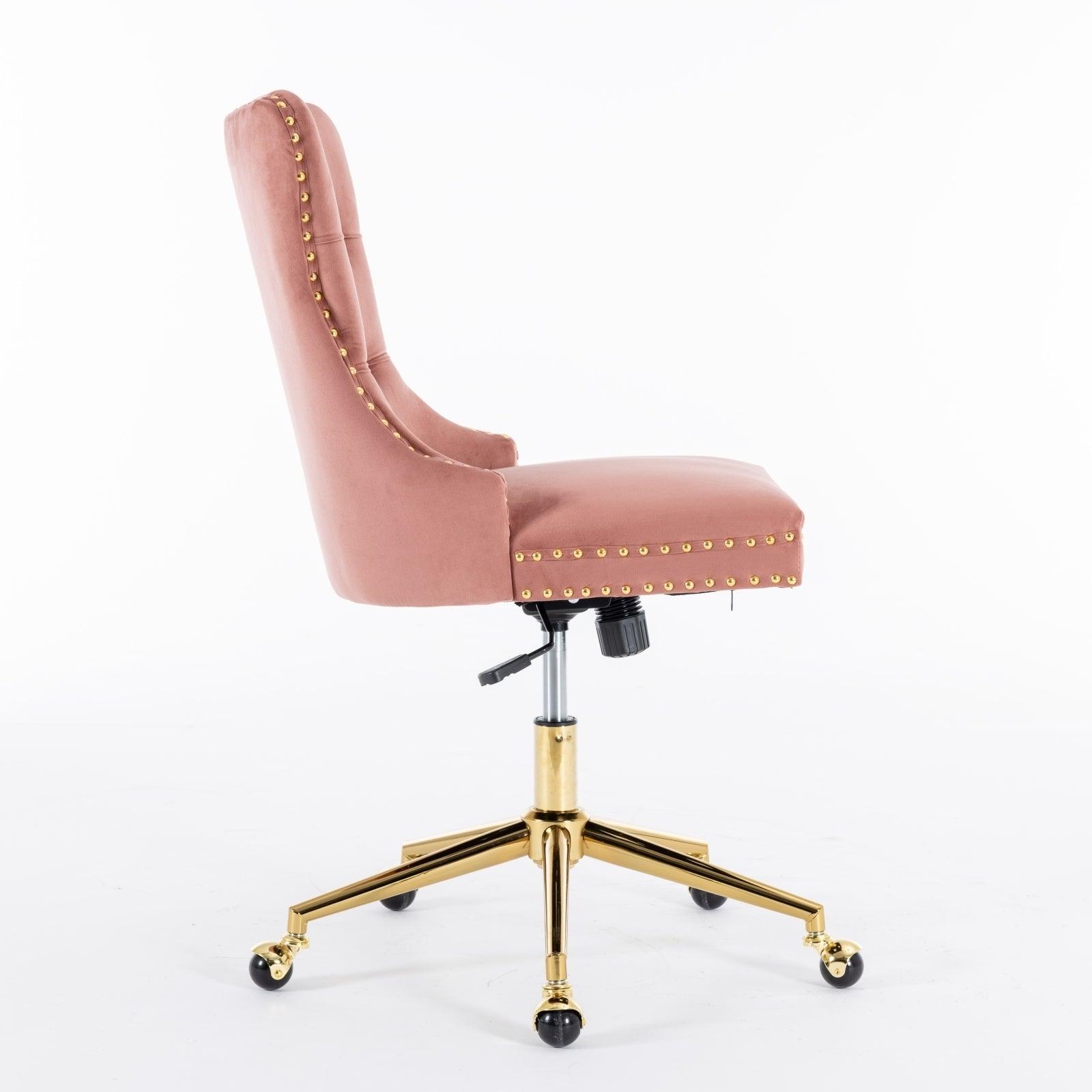 Adjustable  Office Chair, Velvet Upholstered Tufted Button, Golden Metal Base, Pink LamCham