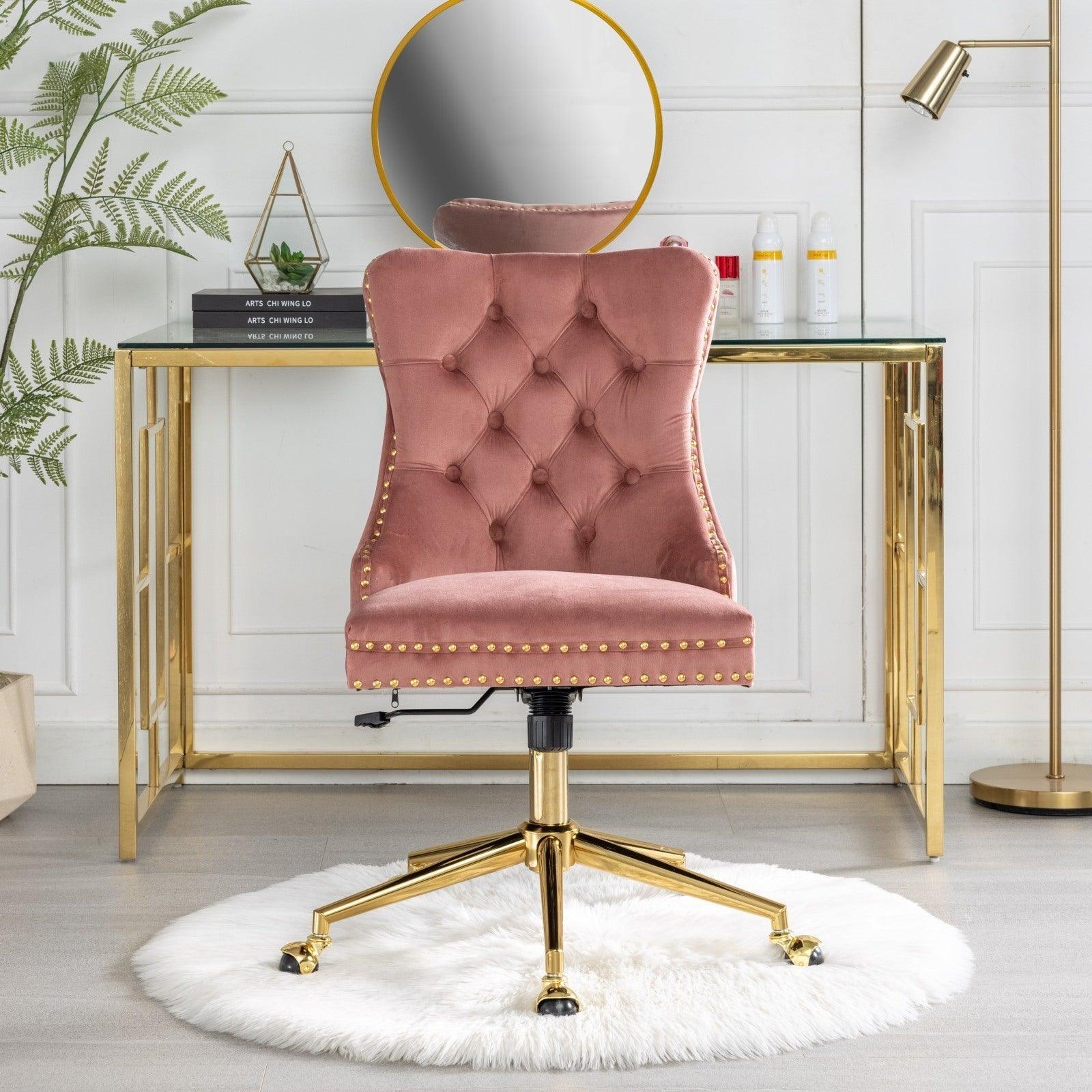 Adjustable  Office Chair, Velvet Upholstered Tufted Button, Golden Metal Base, Pink LamCham