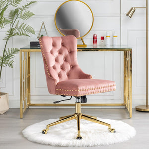 Adjustable  Office Chair, Velvet Upholstered Tufted Button, Golden Metal Base, Pink LamCham