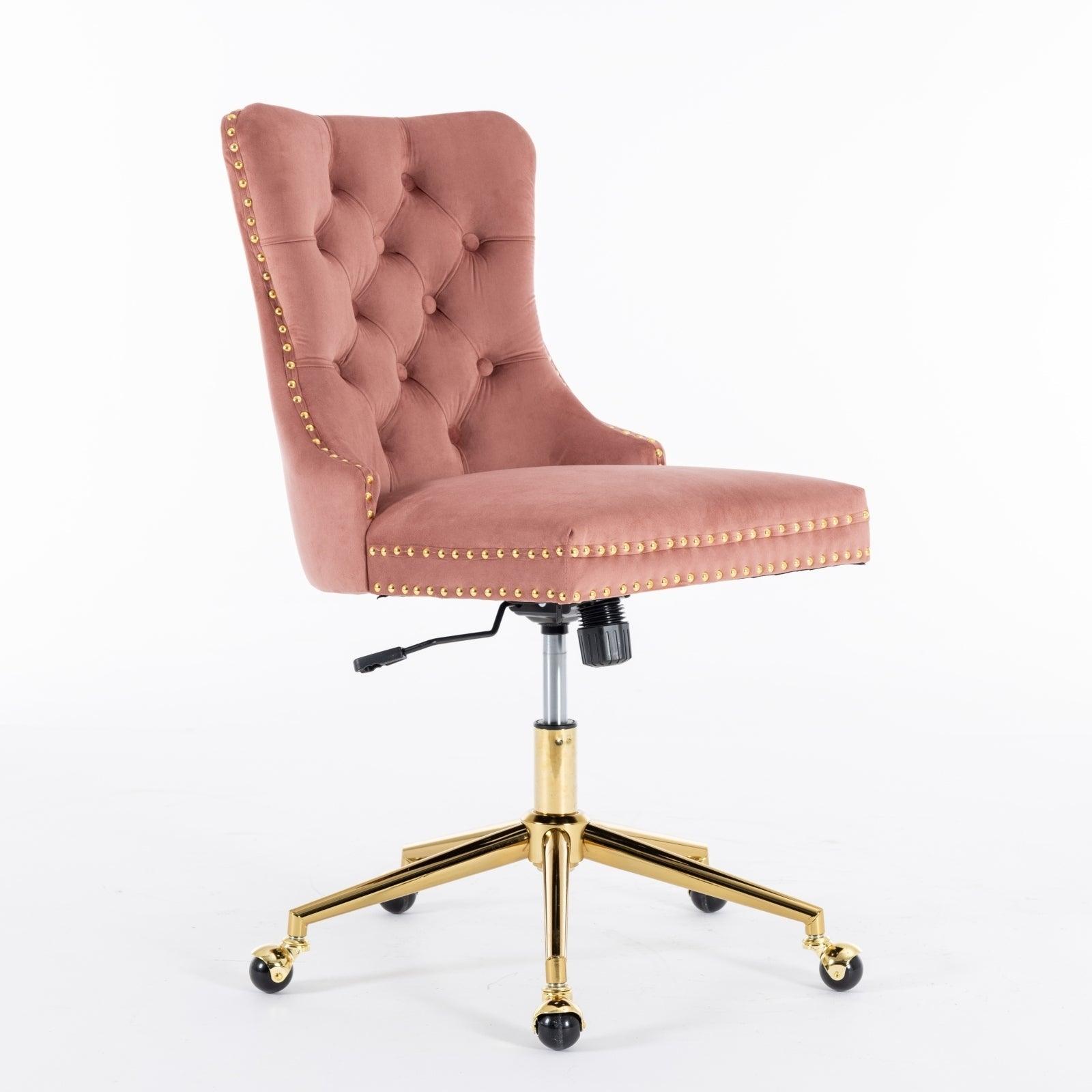 Adjustable  Office Chair, Velvet Upholstered Tufted Button, Golden Metal Base, Pink LamCham