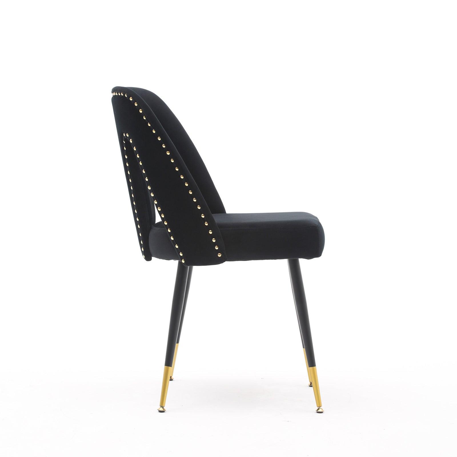 Akoya Collection Modern Contemporary Velvet Upholstered Dining Chair With Nailheads And Gold Tipped Black Metal Legs, Black, Set Of 2 LamCham