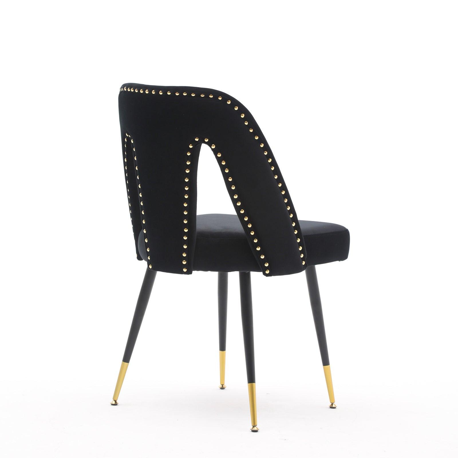 Akoya Collection Modern Contemporary Velvet Upholstered Dining Chair With Nailheads And Gold Tipped Black Metal Legs, Black, Set Of 2 LamCham