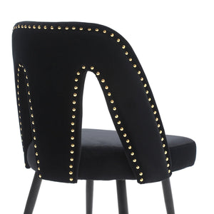 Akoya Collection Modern Contemporary Velvet Upholstered Dining Chair With Nailheads And Gold Tipped Black Metal Legs, Black, Set Of 2 LamCham