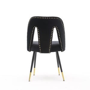 Akoya Collection Modern Contemporary Velvet Upholstered Dining Chair With Nailheads And Gold Tipped Black Metal Legs, Black, Set Of 2 LamCham