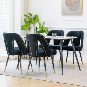 Akoya Collection Modern Contemporary Velvet Upholstered Dining Chair With Nailheads And Gold Tipped Black Metal Legs, Black, Set Of 2 LamCham