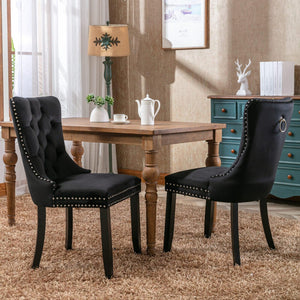 Allena Set Of 2 Velvet Upholstered Dining Chairs Nailhead Trim - Black LamCham