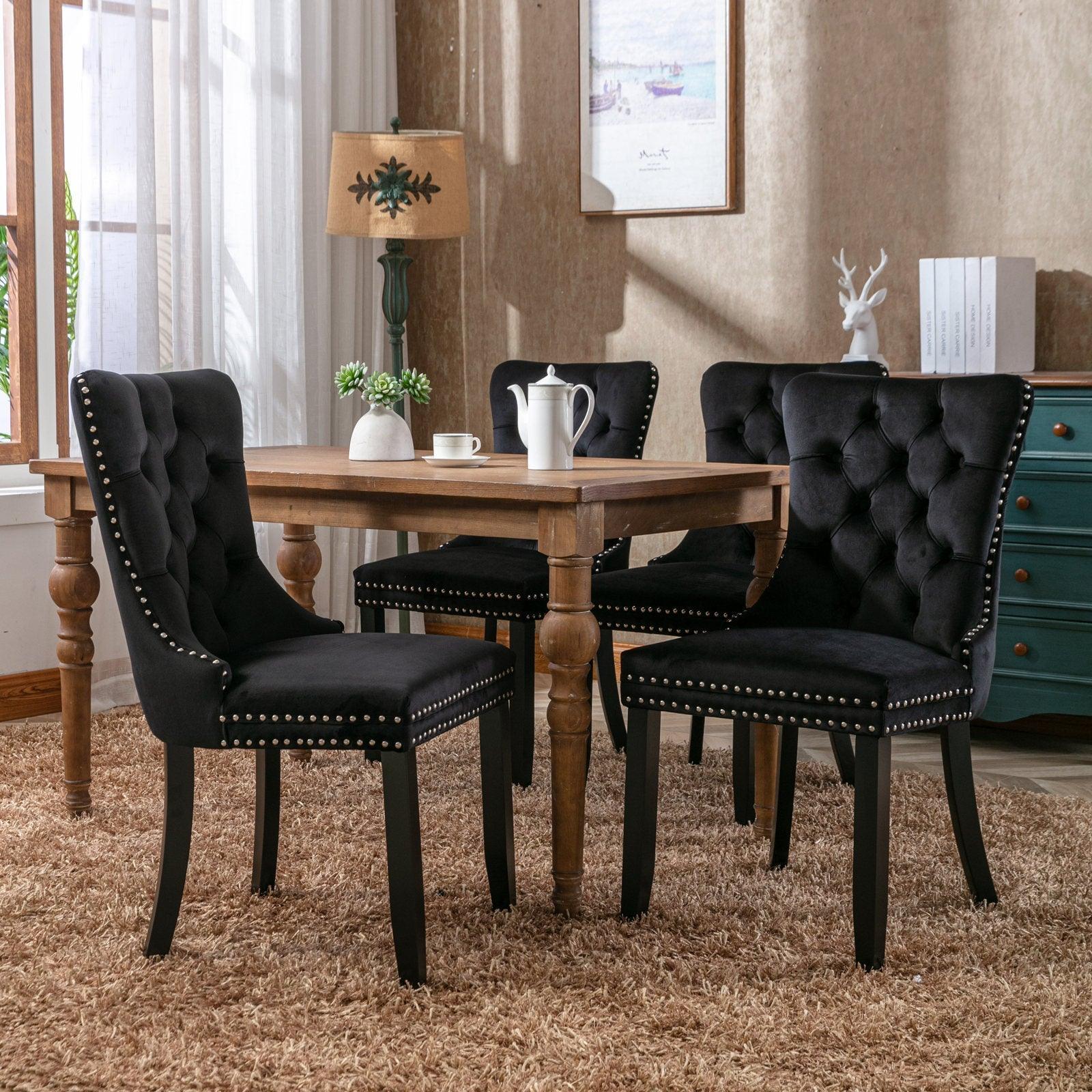 Allena Set Of 2 Velvet Upholstered Dining Chairs Nailhead Trim - Black LamCham