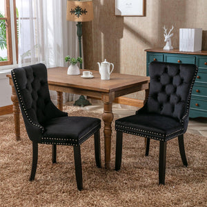 Allena Set Of 2 Velvet Upholstered Dining Chairs Nailhead Trim - Black LamCham