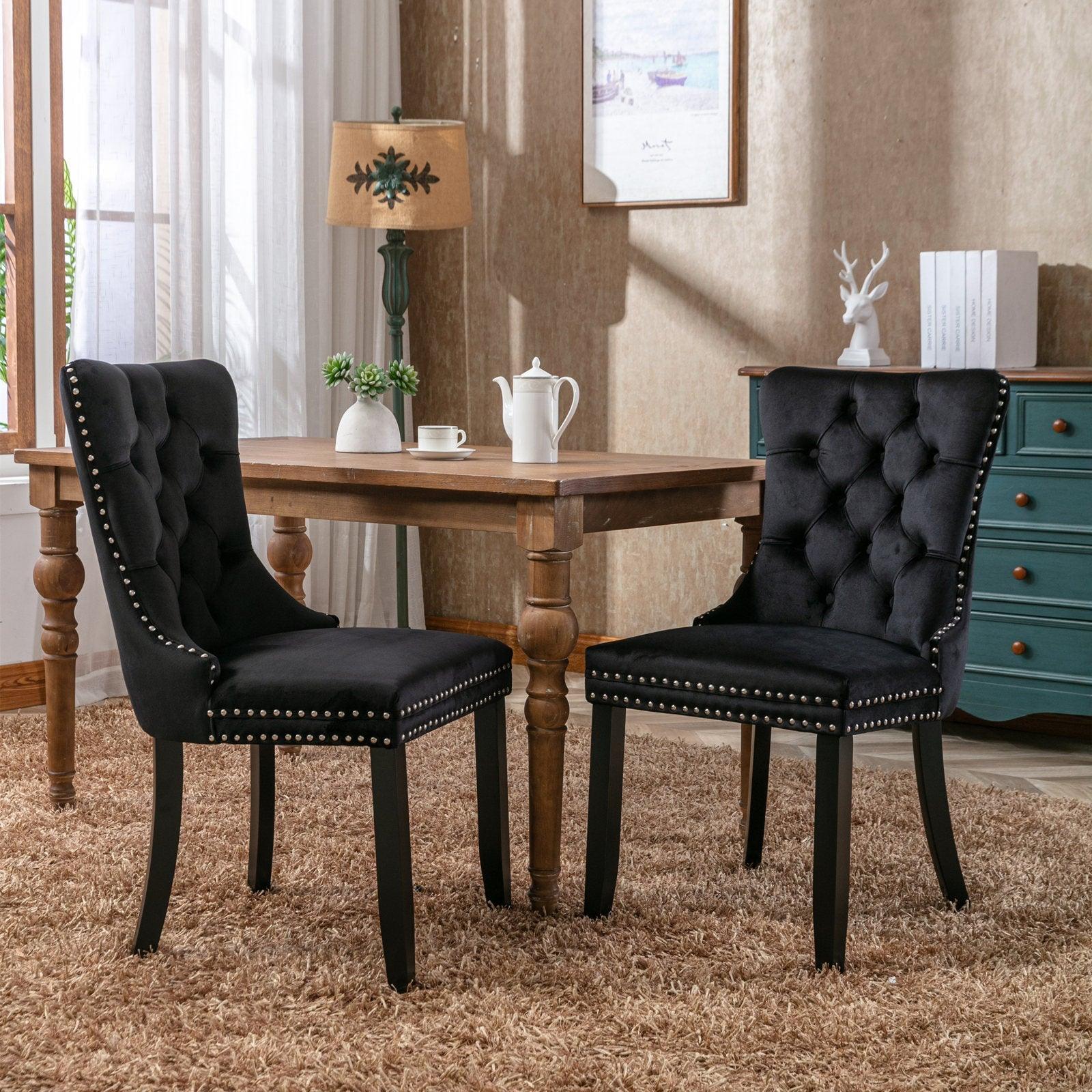 Allena Set Of 2 Velvet Upholstered Dining Chairs Nailhead Trim - Black LamCham