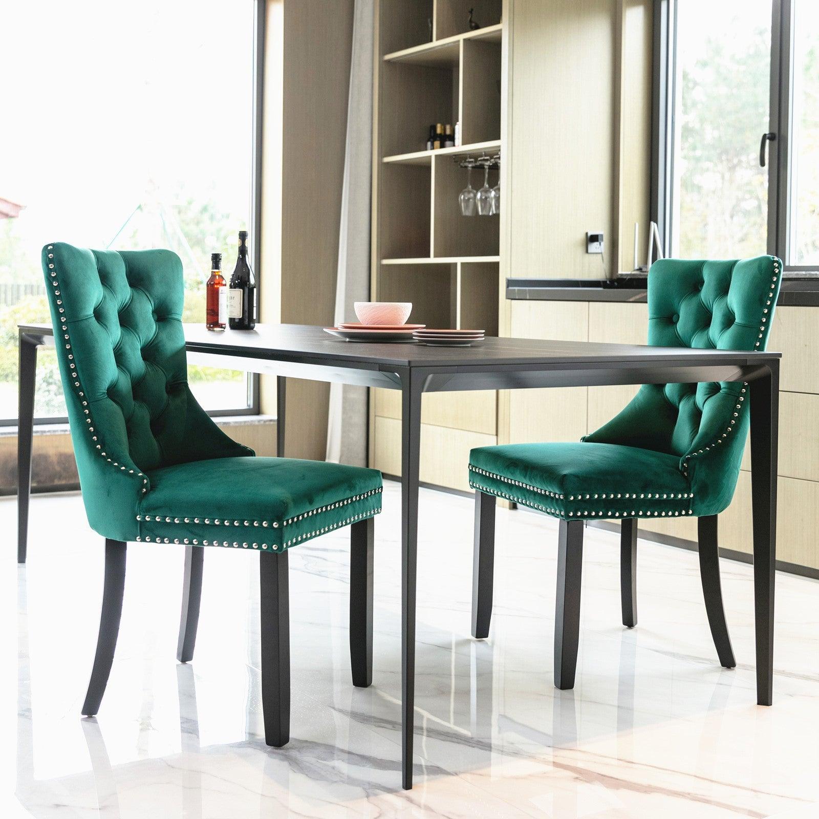 Allena Set Of 2 Velvet Upholstered Dining Chairs Nailhead Trim - Green LamCham