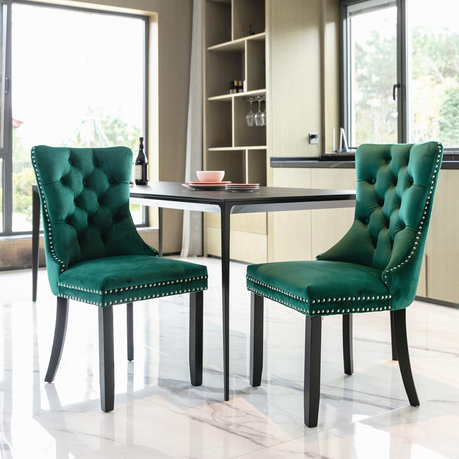 Allena Set Of 2 Velvet Upholstered Dining Chairs Nailhead Trim - Green LamCham