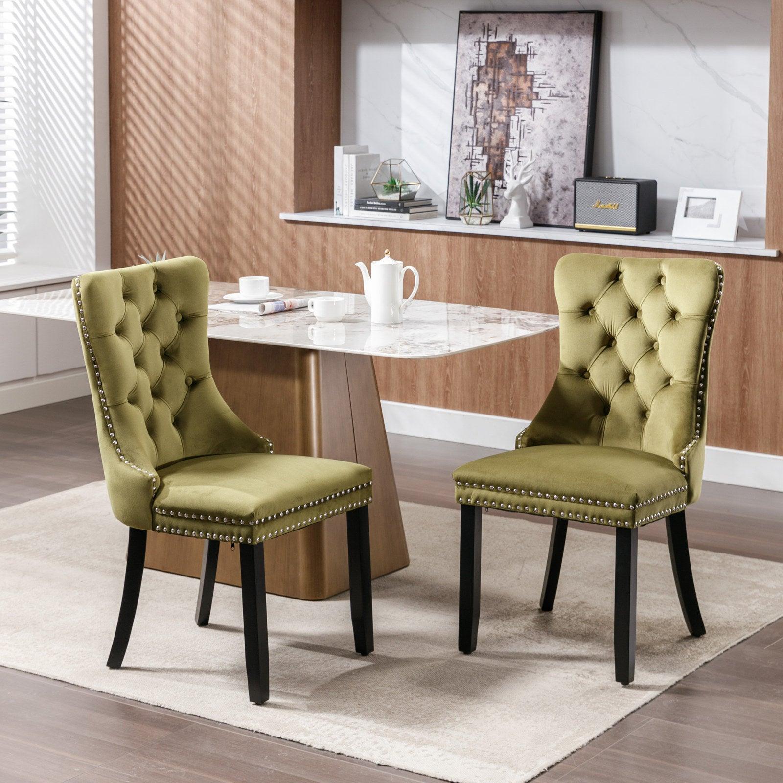 Allena Set Of 2 Velvet Upholstered Dining Chairs Nailhead Trim - Olive Green LamCham