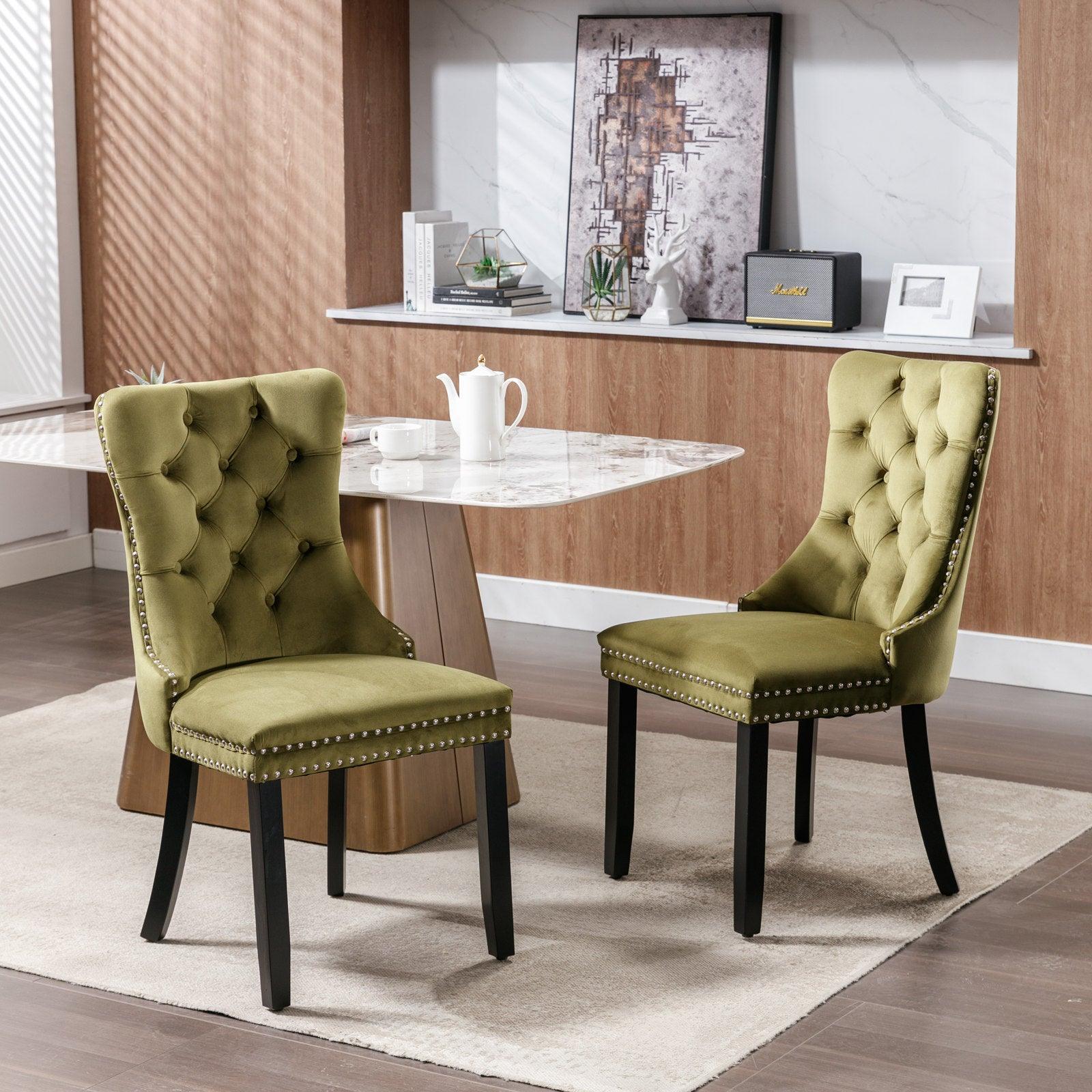 Allena Set Of 2 Velvet Upholstered Dining Chairs Nailhead Trim - Olive Green LamCham