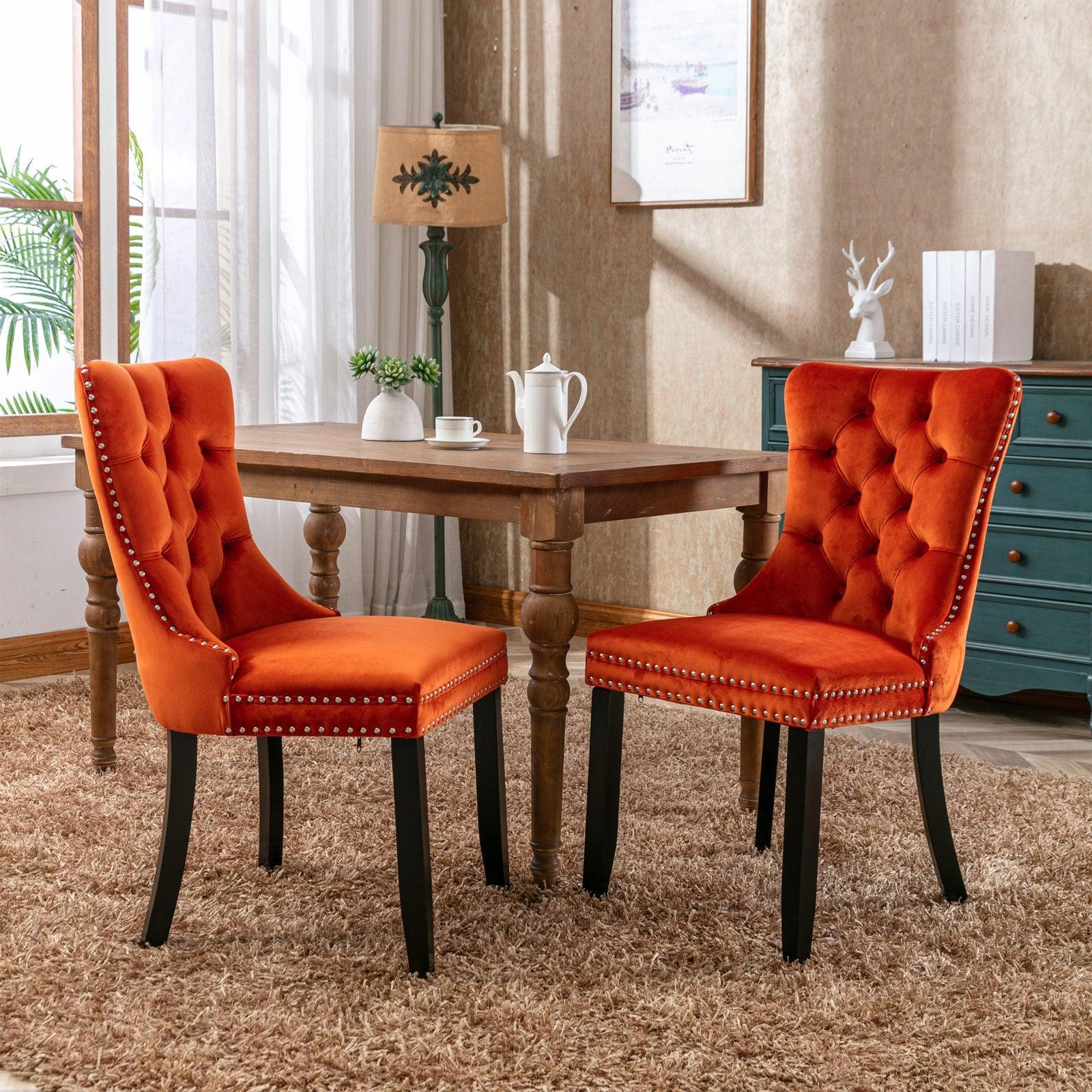 Allena Set Of 2 Velvet Upholstered Dining Chairs Nailhead Trim - Orange LamCham