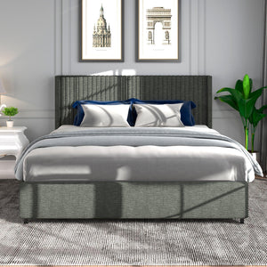 Anna Queen Size Gray Linen Upholstered Wingback Platform Bed with Patented 4 Drawers Storage, Modern Design Headboard with Tight Channel, Wooden Slat Mattress Support No Box Spring Needed LamCham