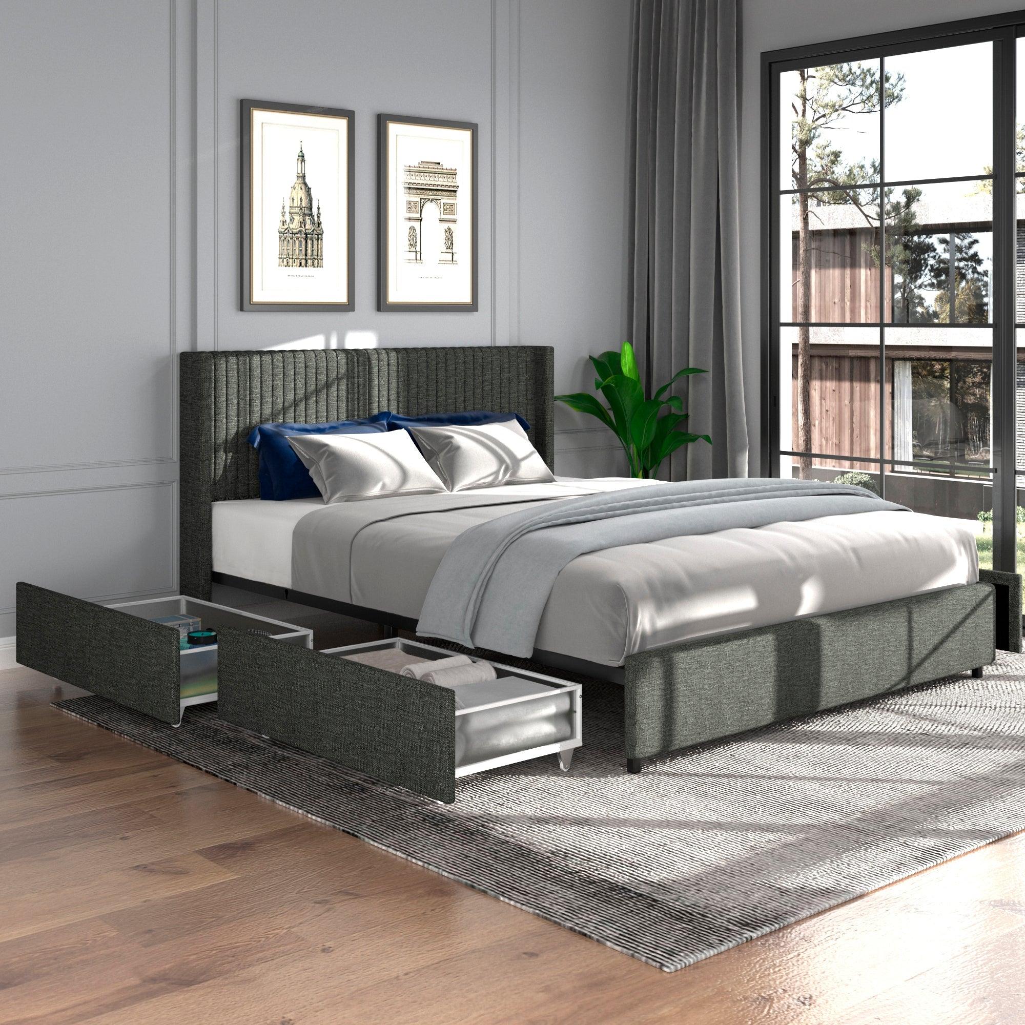 Anna Queen Size Gray Linen Upholstered Wingback Platform Bed with Patented 4 Drawers Storage, Modern Design Headboard with Tight Channel, Wooden Slat Mattress Support No Box Spring Needed LamCham