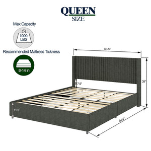 Anna Queen Size Gray Linen Upholstered Wingback Platform Bed with Patented 4 Drawers Storage, Modern Design Headboard with Tight Channel, Wooden Slat Mattress Support No Box Spring Needed LamCham