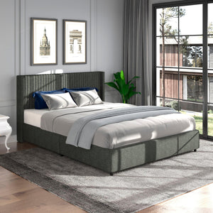 Anna Queen Size Gray Linen Upholstered Wingback Platform Bed with Patented 4 Drawers Storage, Modern Design Headboard with Tight Channel, Wooden Slat Mattress Support No Box Spring Needed LamCham