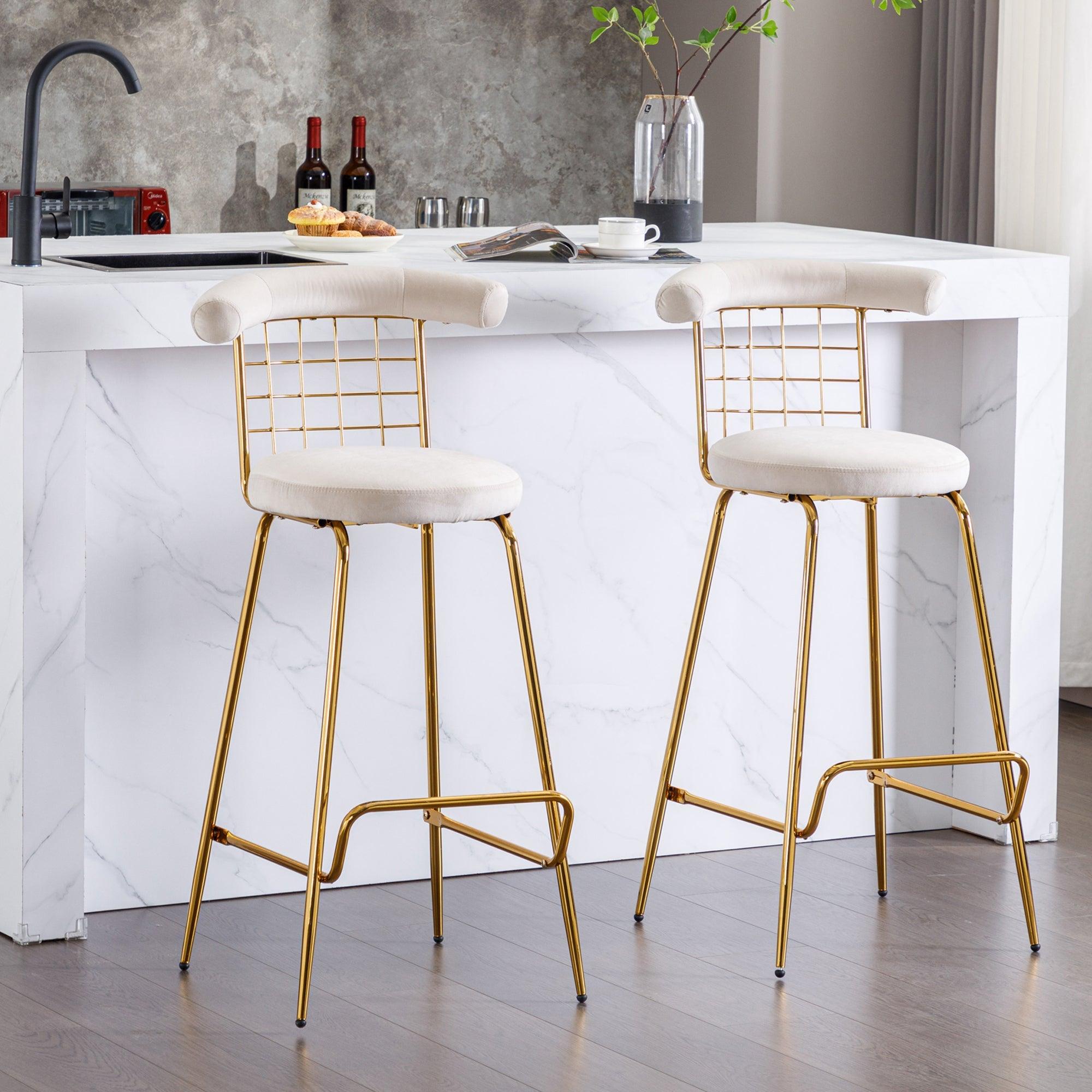 Bar Stool Set of 2, Luxury Velvet  High Bar Stool with Metal Legs and Soft Back, Pub Stool Chairs Armless Modern Kitchen High Dining Chairs with Metal Legs, Beige LamCham