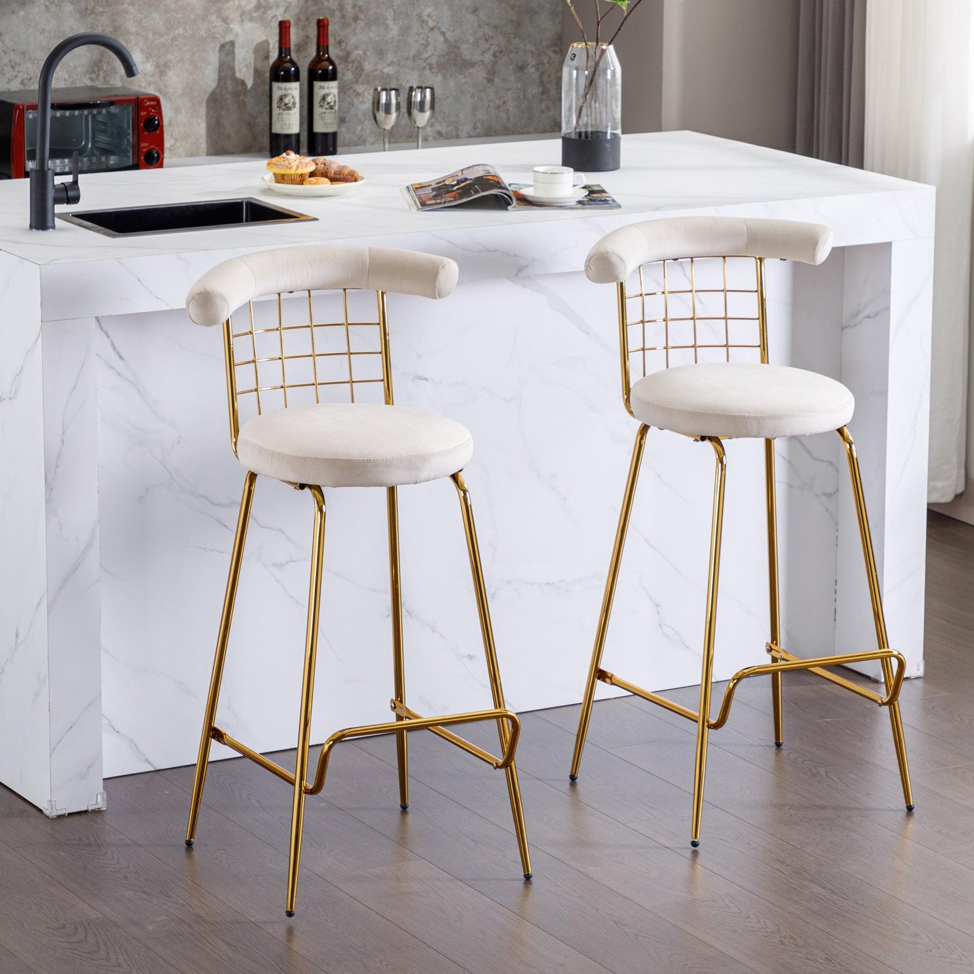 Bar Stool Set of 2, Luxury Velvet  High Bar Stool with Metal Legs and Soft Back, Pub Stool Chairs Armless Modern Kitchen High Dining Chairs with Metal Legs, Beige LamCham