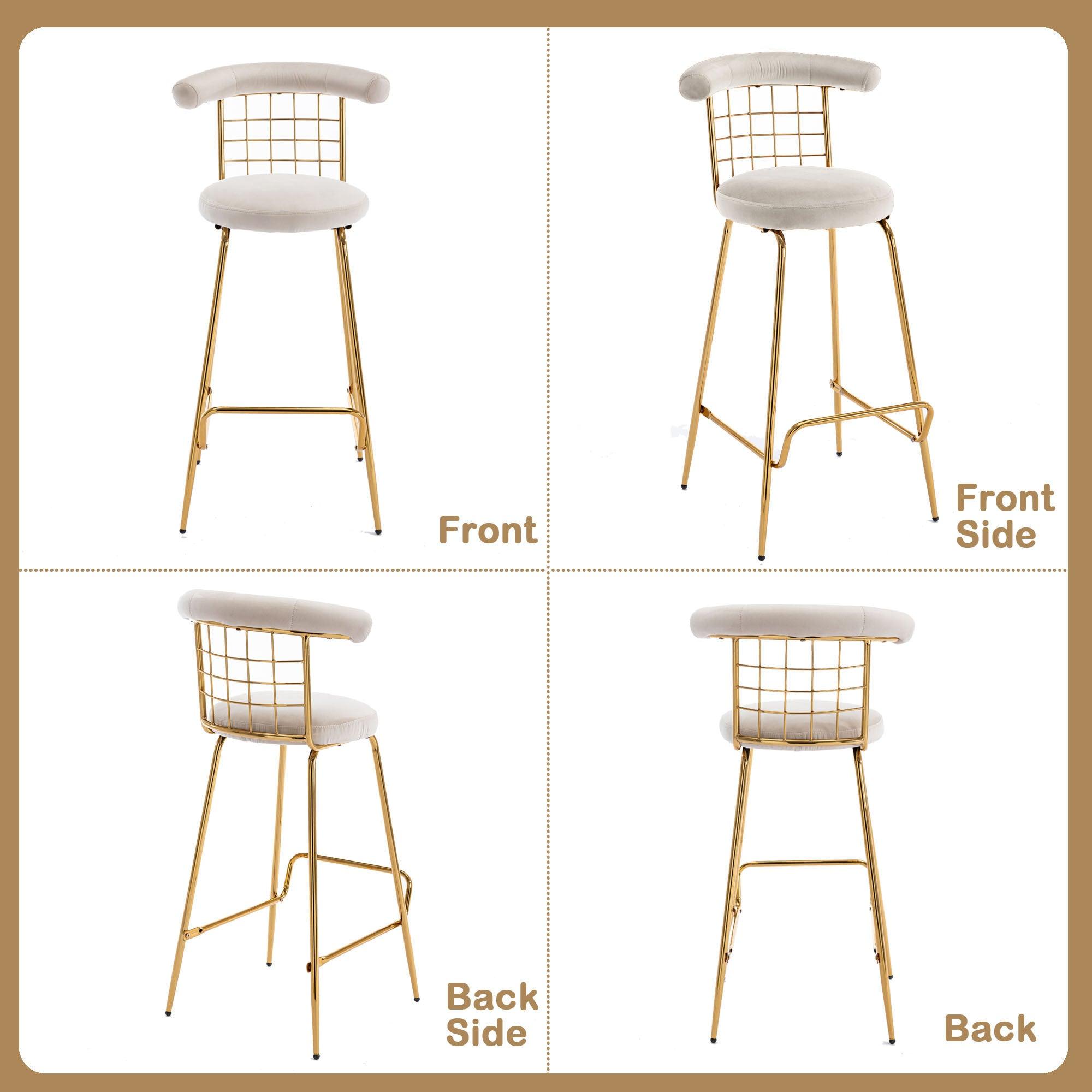 Bar Stool Set of 2, Luxury Velvet  High Bar Stool with Metal Legs and Soft Back, Pub Stool Chairs Armless Modern Kitchen High Dining Chairs with Metal Legs, Beige LamCham