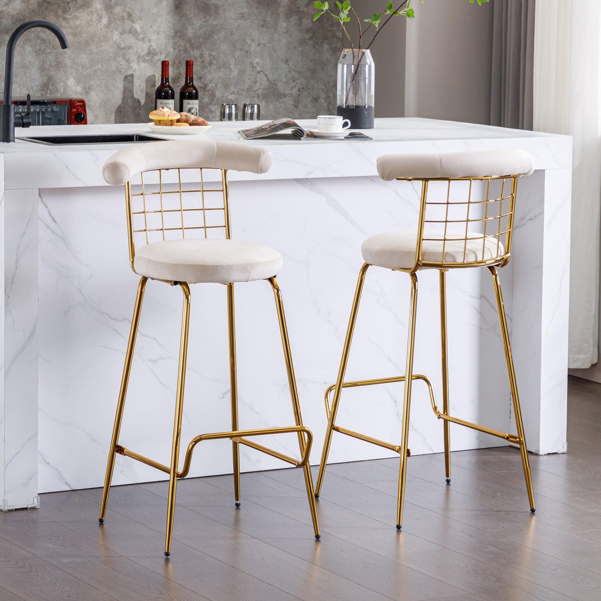 Bar Stool Set of 2, Luxury Velvet  High Bar Stool with Metal Legs and Soft Back, Pub Stool Chairs Armless Modern Kitchen High Dining Chairs with Metal Legs, Beige LamCham