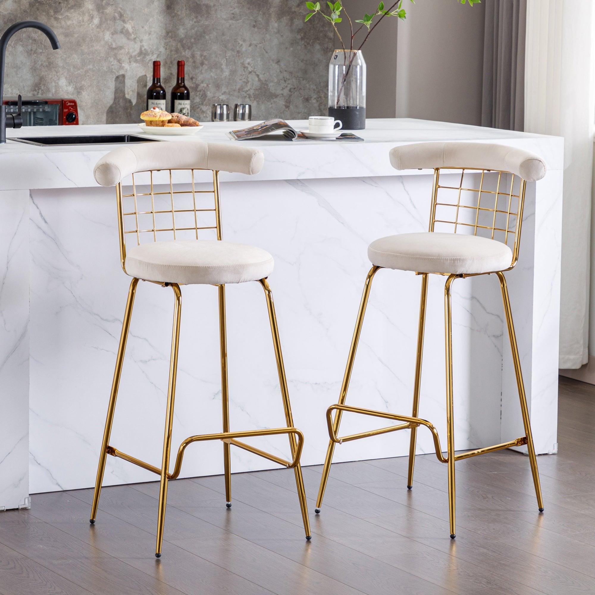 Bar Stool Set of 2, Luxury Velvet  High Bar Stool with Metal Legs and Soft Back, Pub Stool Chairs Armless Modern Kitchen High Dining Chairs with Metal Legs, Beige LamCham