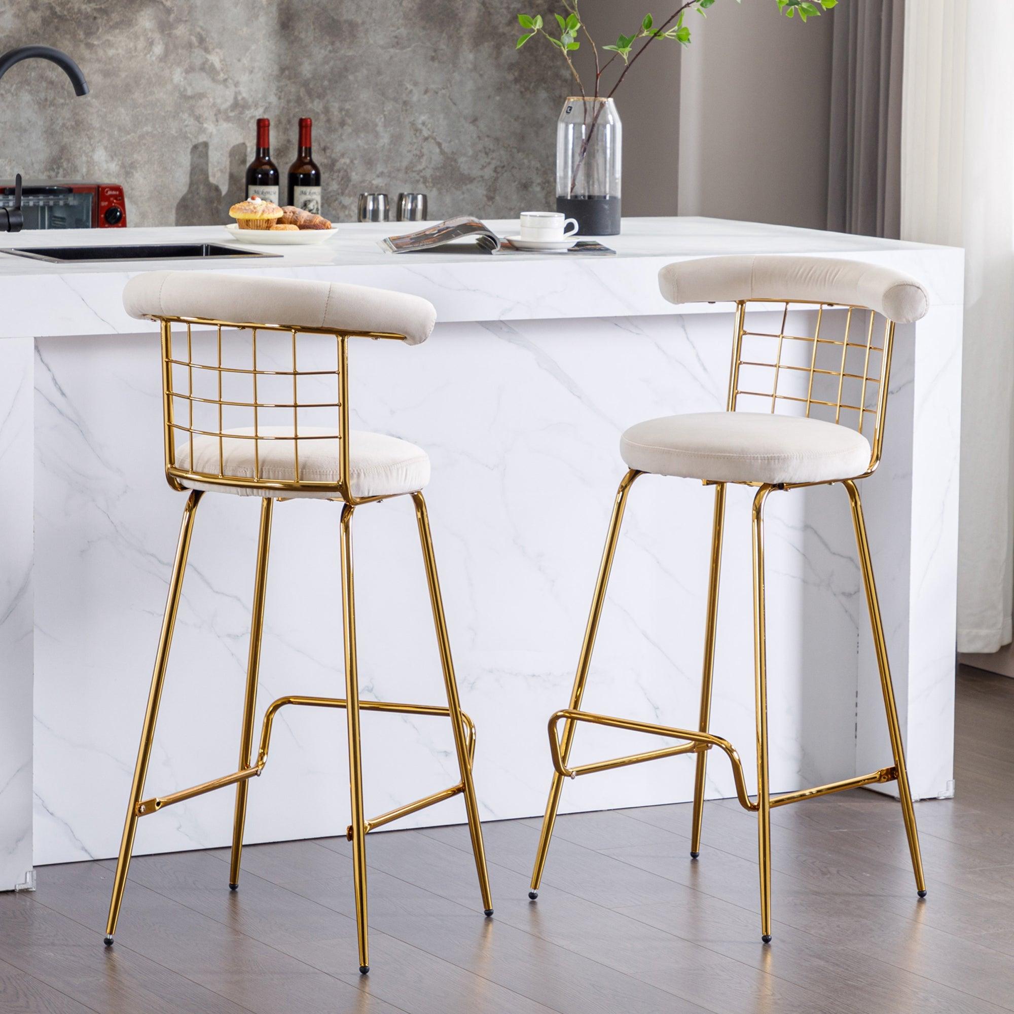 Bar Stool Set of 2, Luxury Velvet  High Bar Stool with Metal Legs and Soft Back, Pub Stool Chairs Armless Modern Kitchen High Dining Chairs with Metal Legs, Beige LamCham