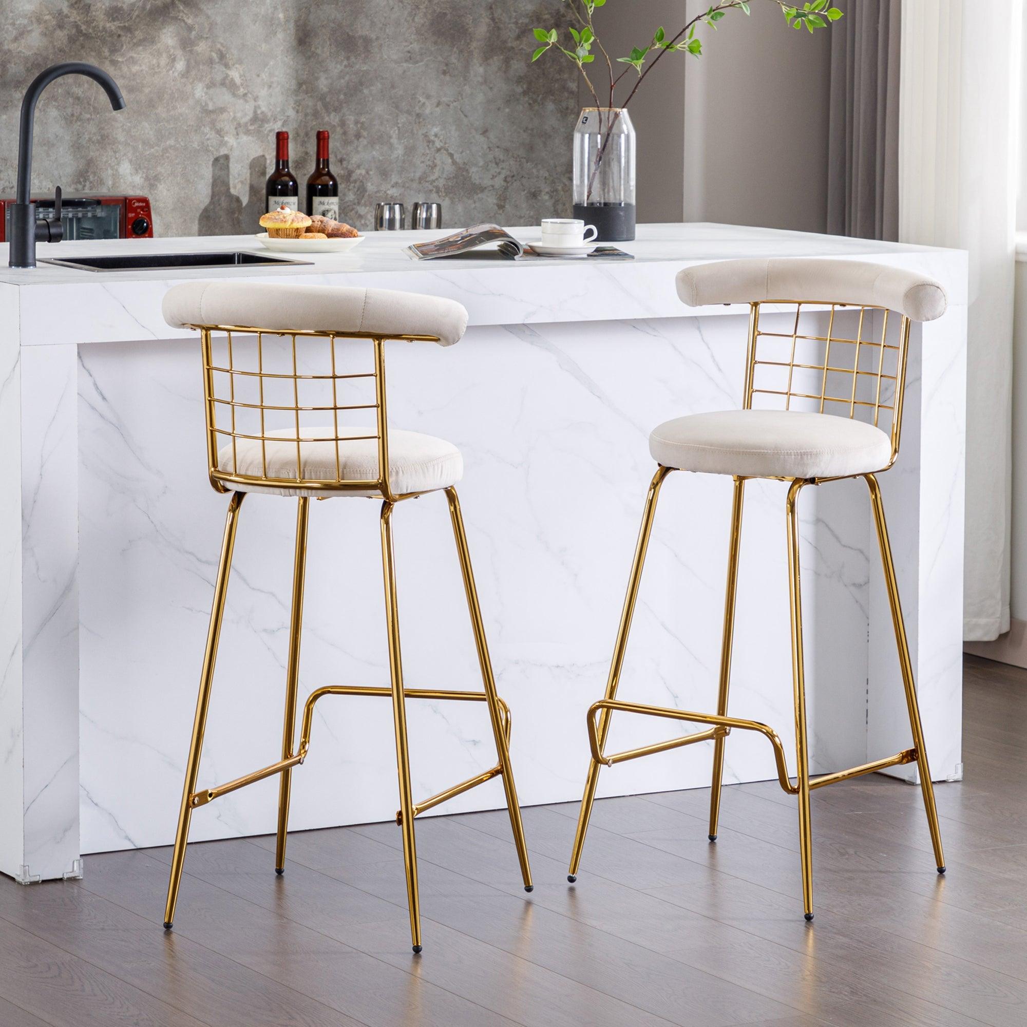 Bar Stool Set of 2, Luxury Velvet  High Bar Stool with Metal Legs and Soft Back, Pub Stool Chairs Armless Modern Kitchen High Dining Chairs with Metal Legs, Beige LamCham