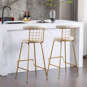 Bar Stool Set of 2, Luxury Velvet  High Bar Stool with Metal Legs and Soft Back, Pub Stool Chairs Armless Modern Kitchen High Dining Chairs with Metal Legs, Beige LamCham