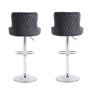 Bar Stool, Velvet Upholstered SEAT , Gas lifter, Decorated with Nailhead Trim, Grey seat, Silver base, Square footrest, Set of 2, LamCham