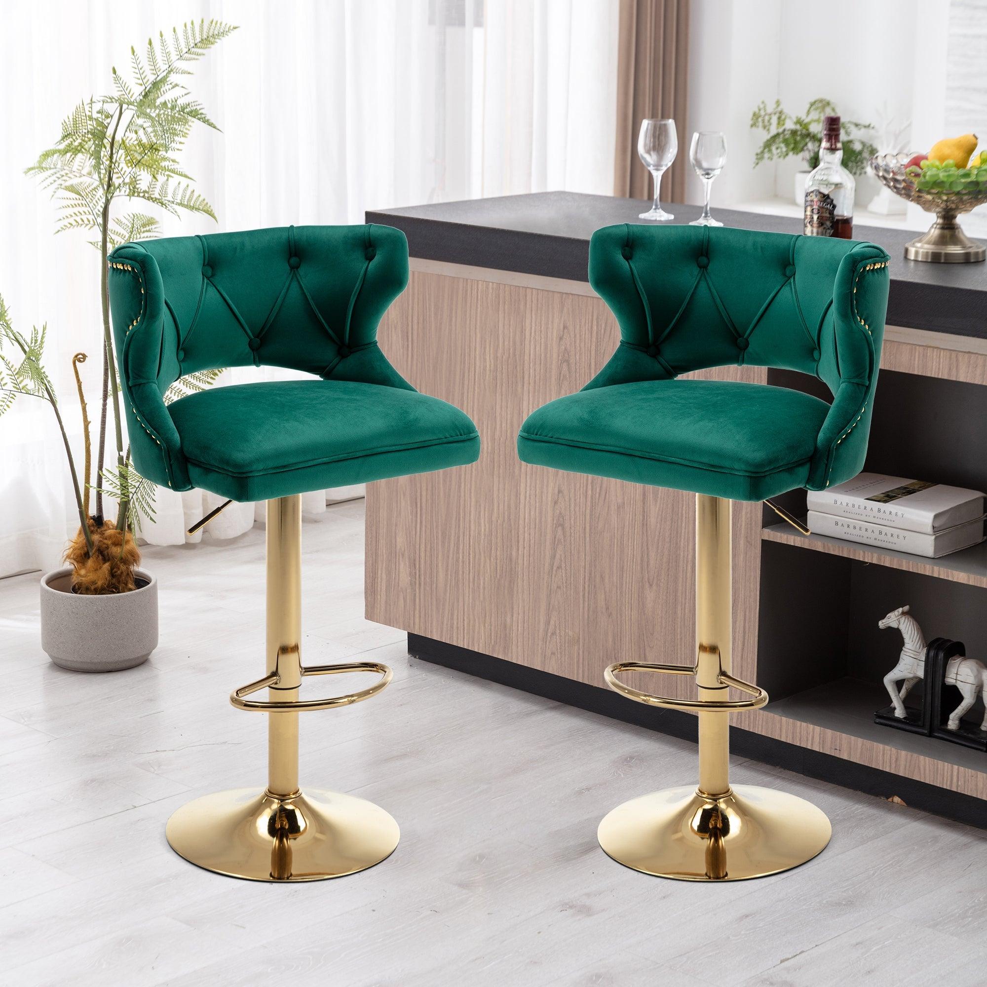 Bar Stools With Back And Footrest Counter Height Dining Chairs-Velvet Green-2PCS/SET LamCham