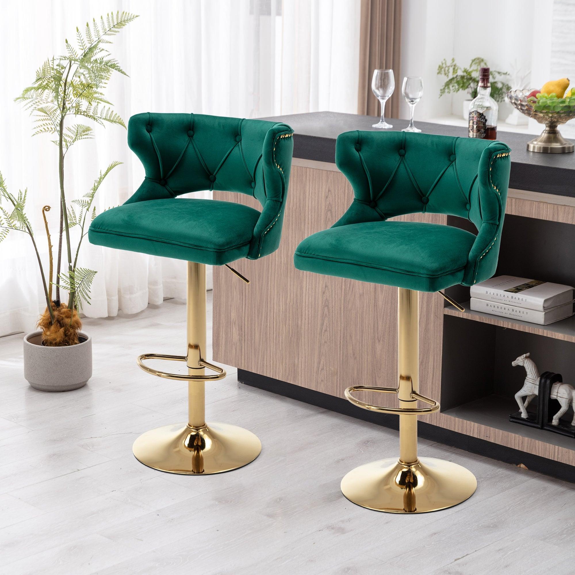 Bar Stools With Back And Footrest Counter Height Dining Chairs-Velvet Green-2PCS/SET LamCham