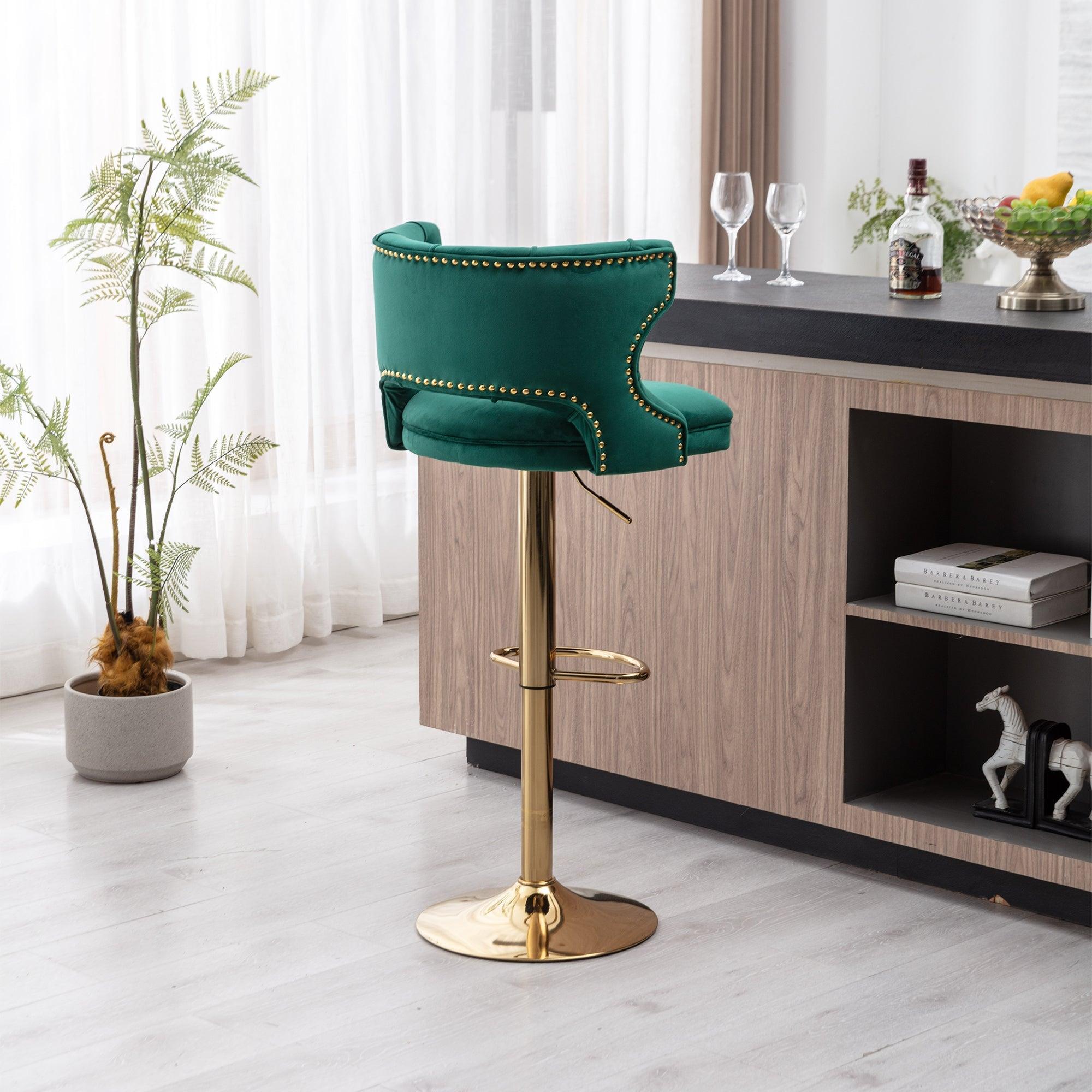 Bar Stools With Back And Footrest Counter Height Dining Chairs-Velvet Green-2PCS/SET LamCham