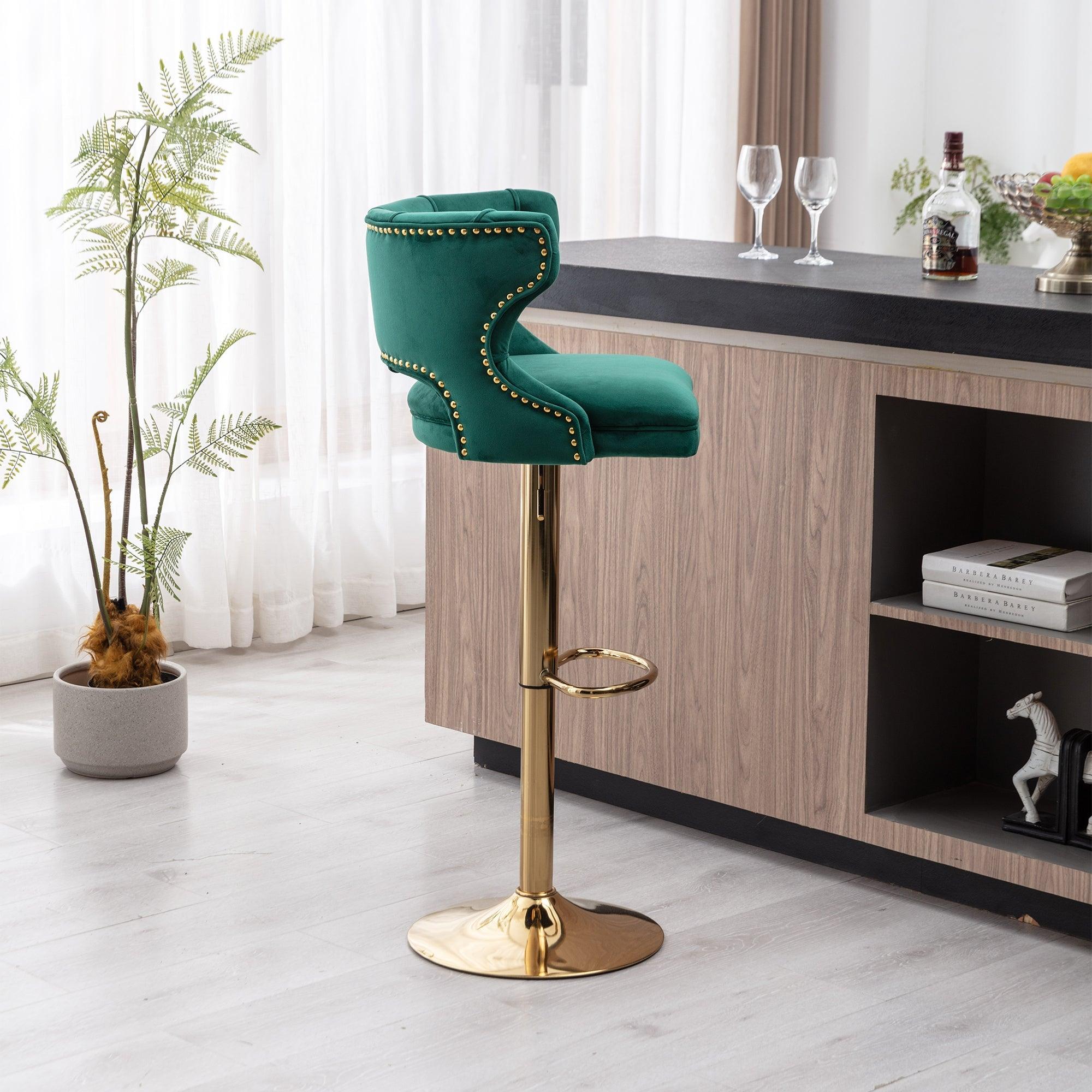 Bar Stools With Back And Footrest Counter Height Dining Chairs-Velvet Green-2PCS/SET LamCham