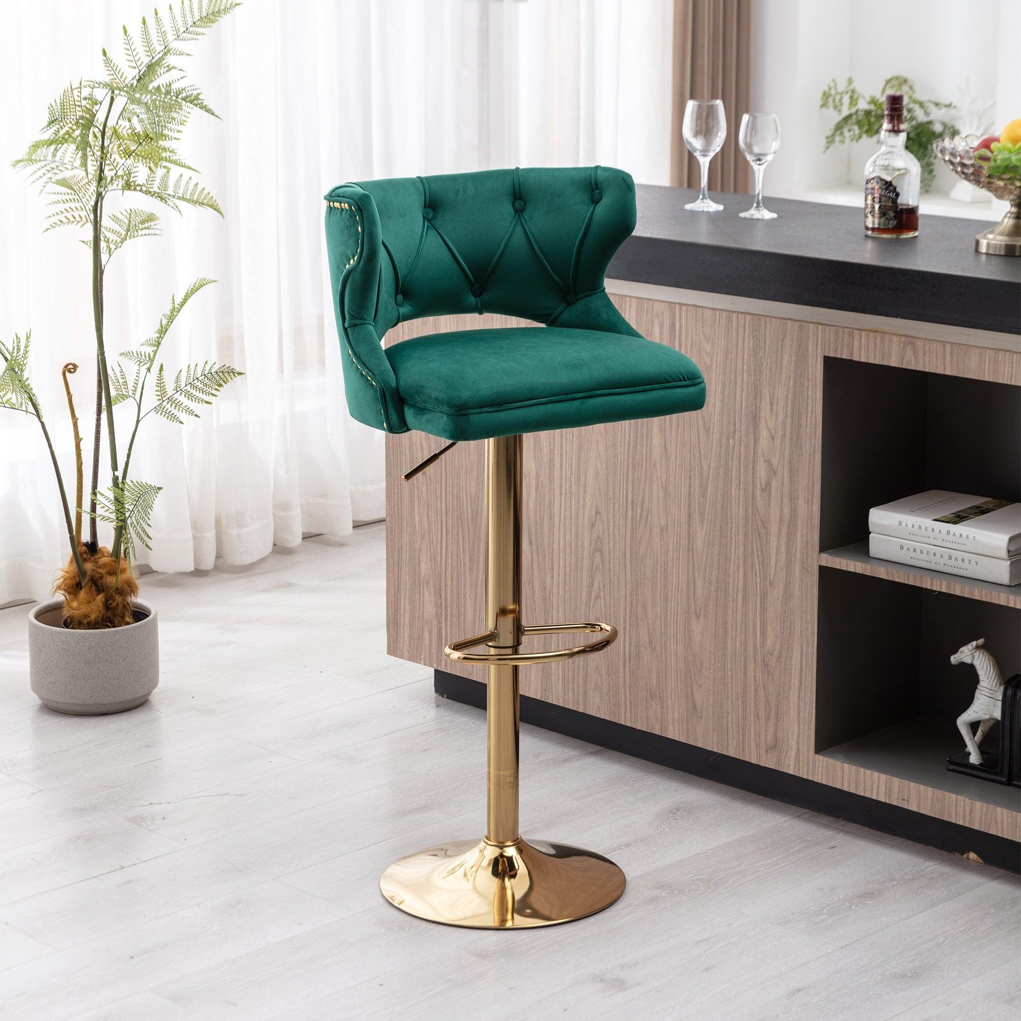 Bar Stools With Back And Footrest Counter Height Dining Chairs-Velvet Green-2PCS/SET LamCham