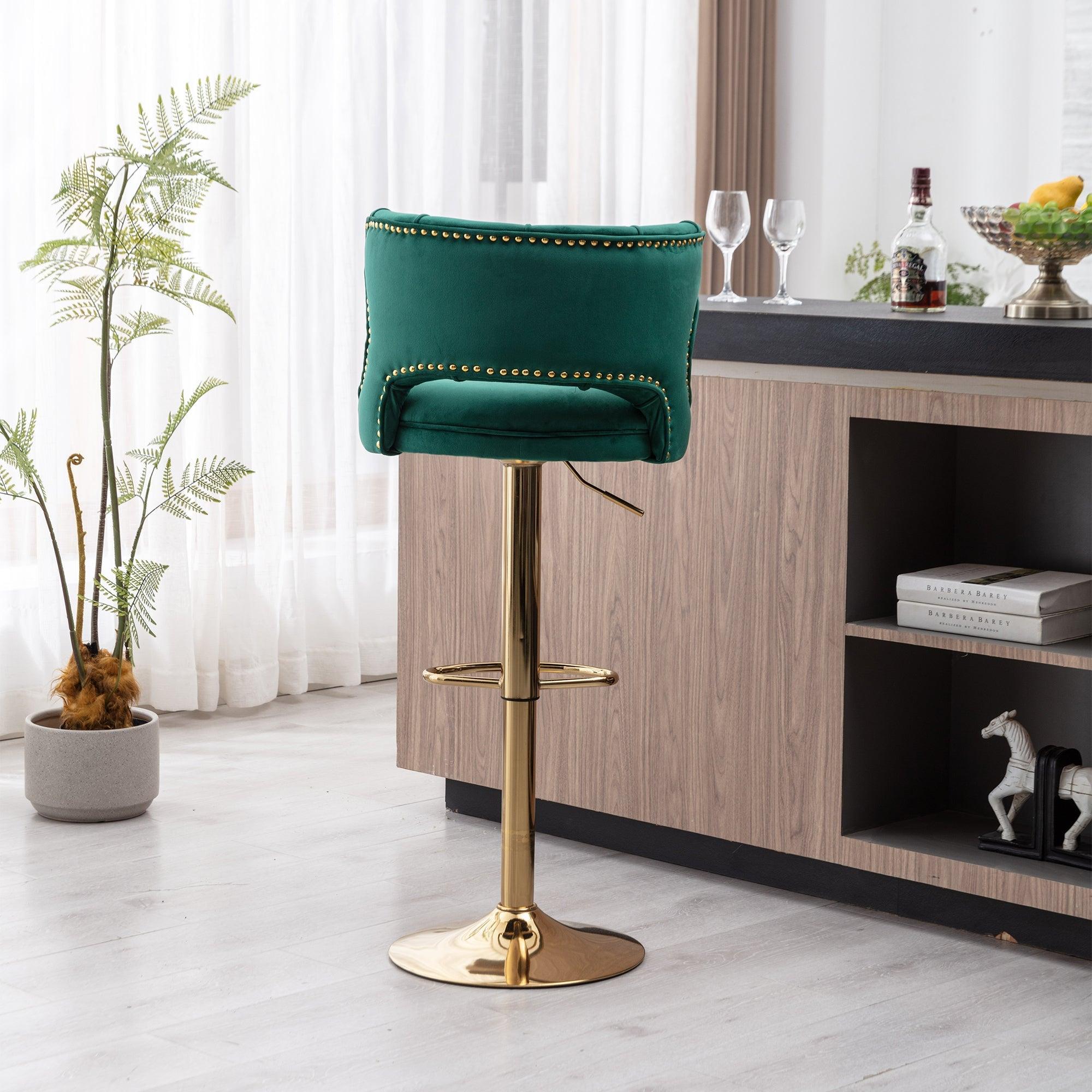 Bar Stools With Back And Footrest Counter Height Dining Chairs-Velvet Green-2PCS/SET LamCham