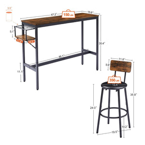 Bar Table Set With Wine Bottle Storage Rack. Rustic Brown, 47.24'' L X 15.75'' W X 35.43'' H. LamCham