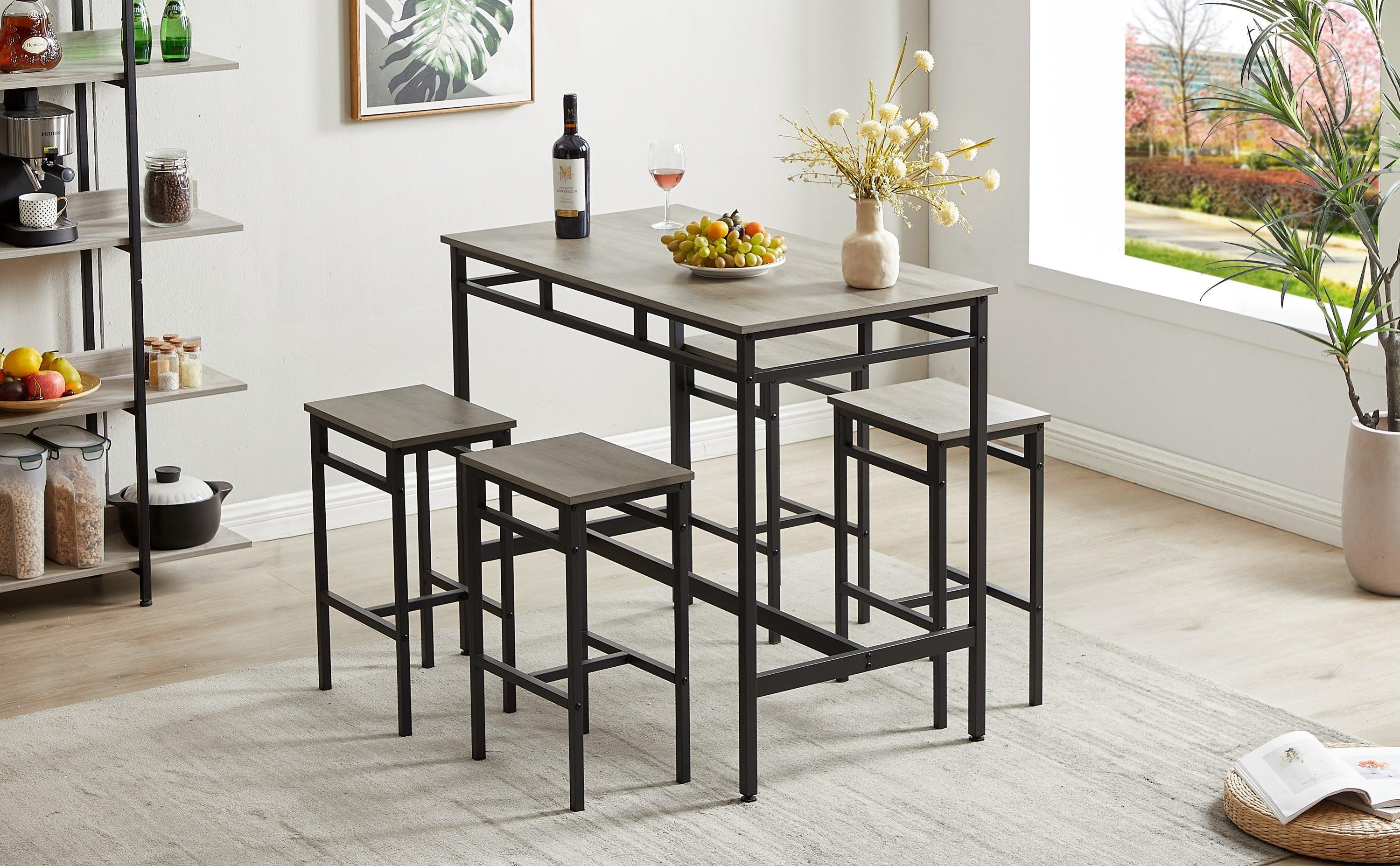 Bar table set 5PC Dinging table set with high stools, structural strengthening, industrial style, Gray LamCham