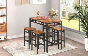 Bar table set 5PC Dinging table set with high stools, structural strengthening, industrial style, Rustic Brown LamCham