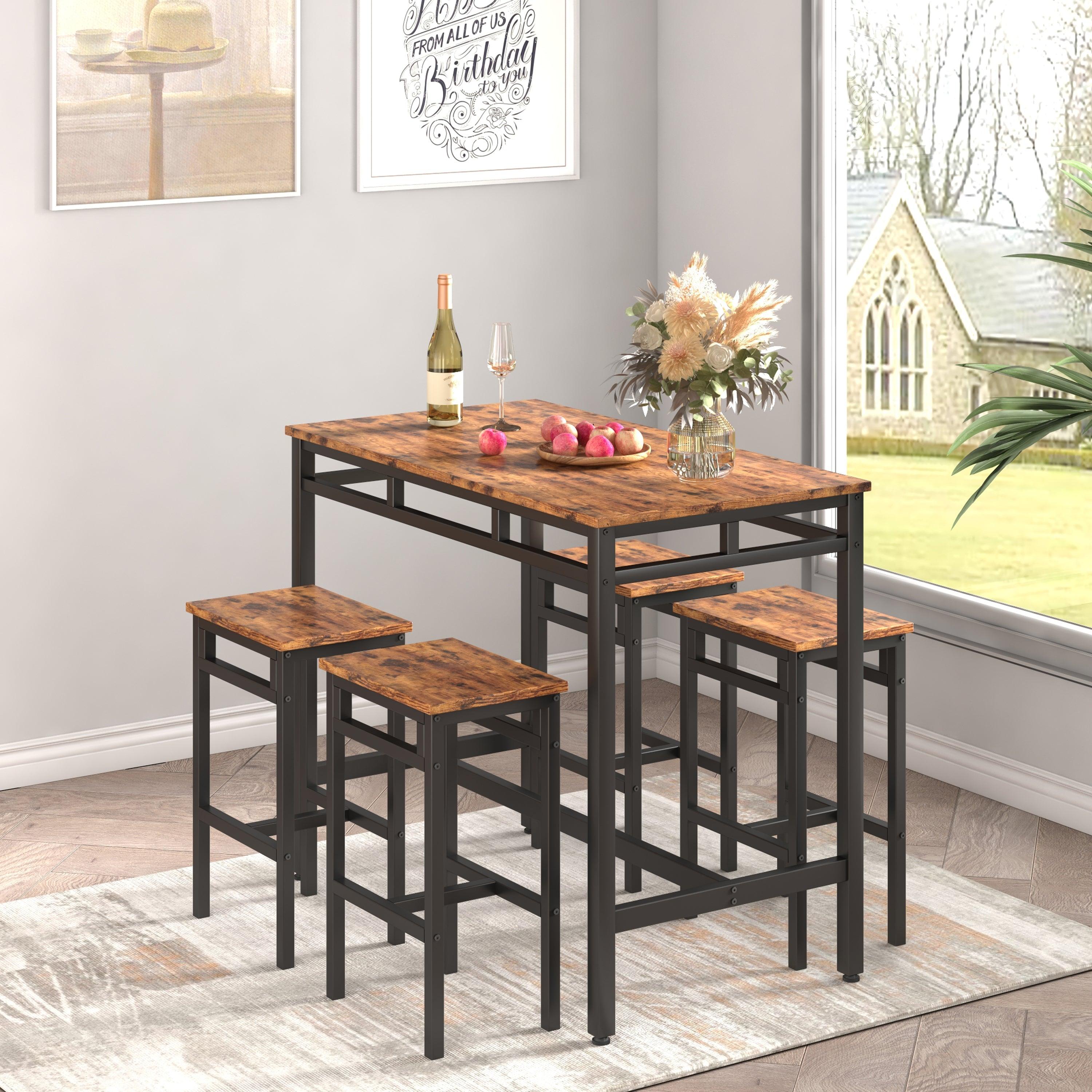 Bar table set 5PC Dinging table set with high stools, structural strengthening, industrial style, Rustic Brown LamCham