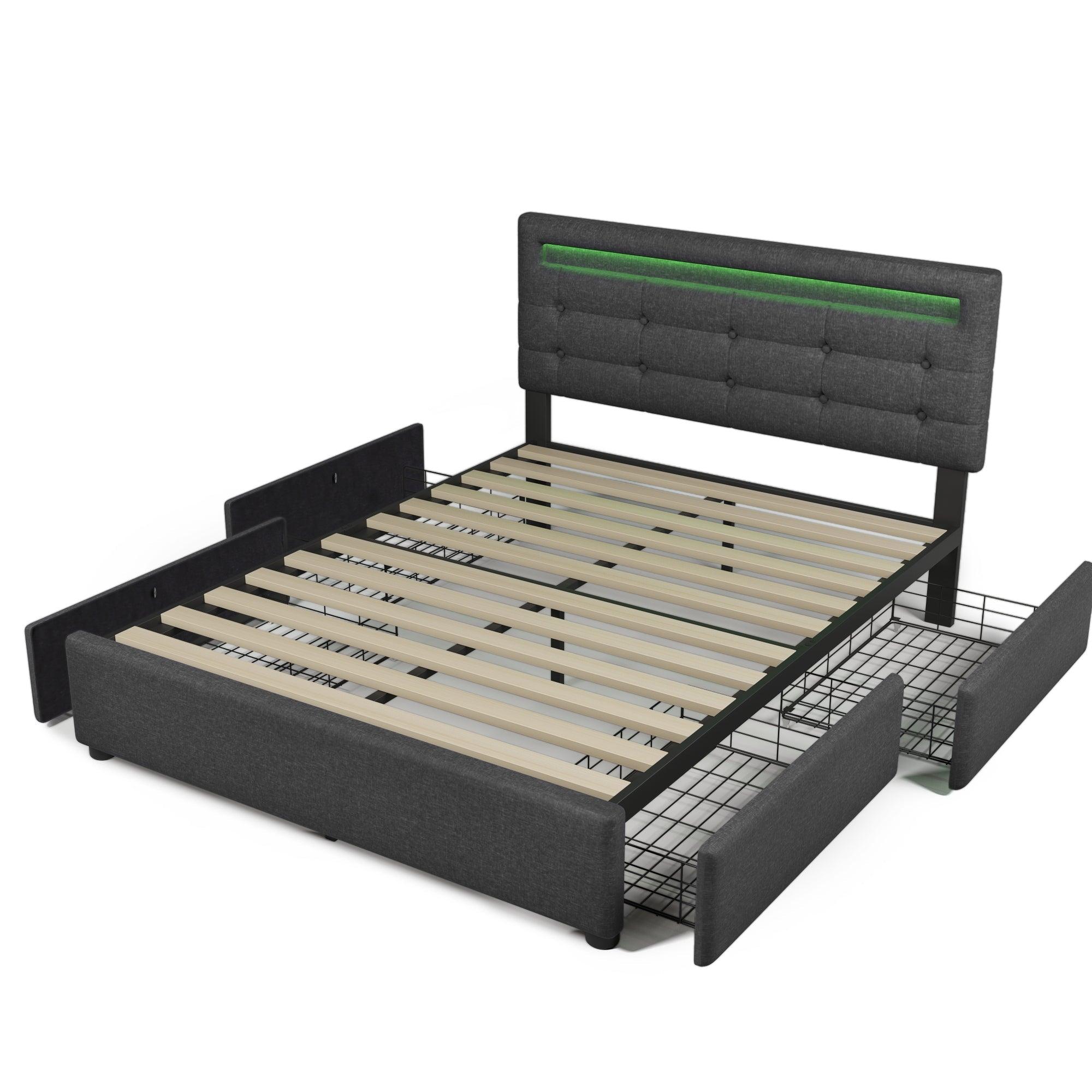 Bed Frame Queen Size, Upholstered Platform Bed Frame with 4 Storage Drawers and LED Lights & Adjustable Headboard, Gray LamCham