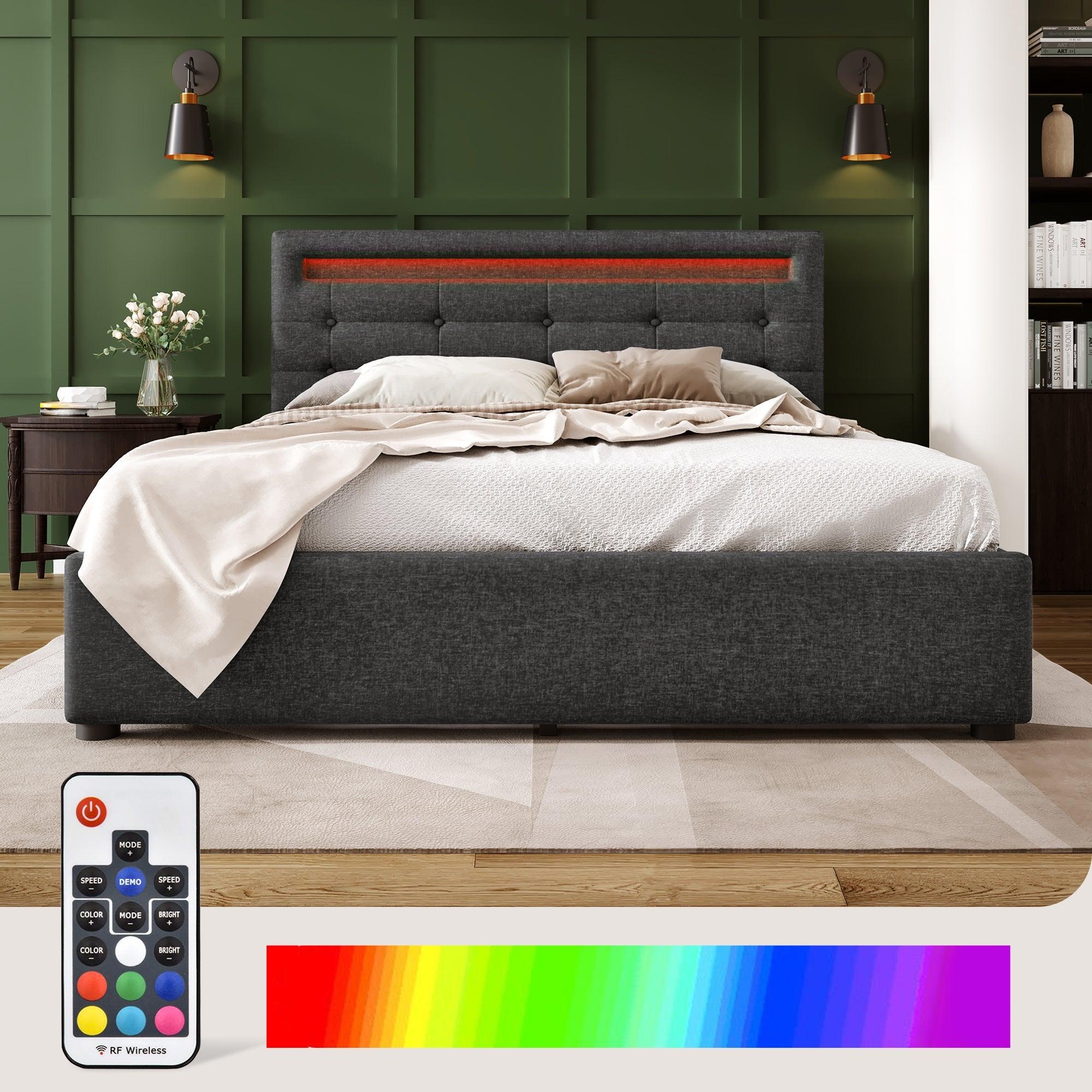 Bed Frame Queen Size, Upholstered Platform Bed Frame with 4 Storage Drawers and LED Lights & Adjustable Headboard, Gray LamCham