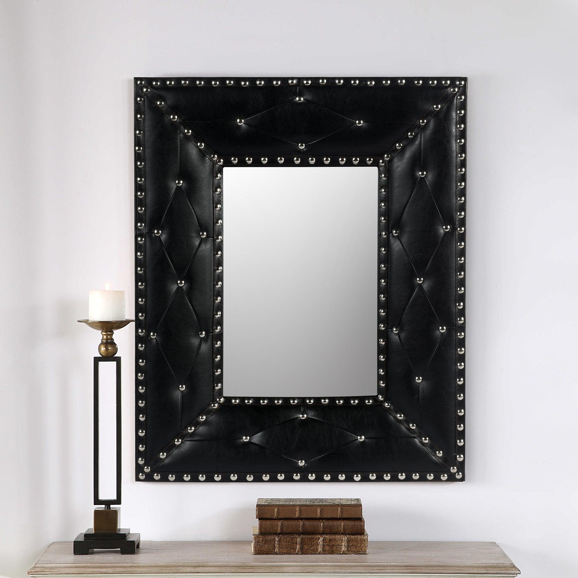 Black Rectangle Decorative Wall Hanging Mirror, Rivet Decoration, PU Covered MDF Framed Mirror For Bedroom Living Room Vanity Entryway Wall Decor, 21X26Inch LamCham