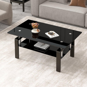 Black Tempered Glass Coffee Table, 2 Layer Storage Tea Table LamCham