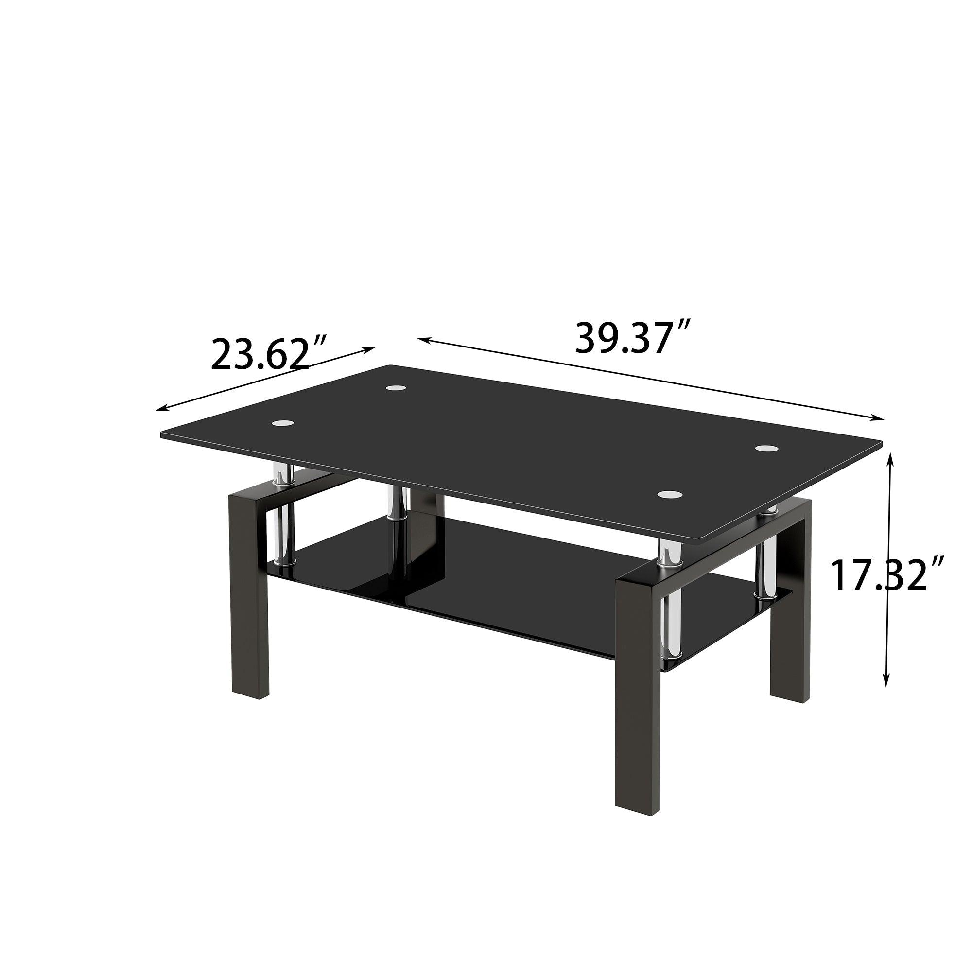 Black Tempered Glass Coffee Table, 2 Layer Storage Tea Table LamCham