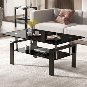 Black Tempered Glass Coffee Table, 2 Layer Storage Tea Table LamCham