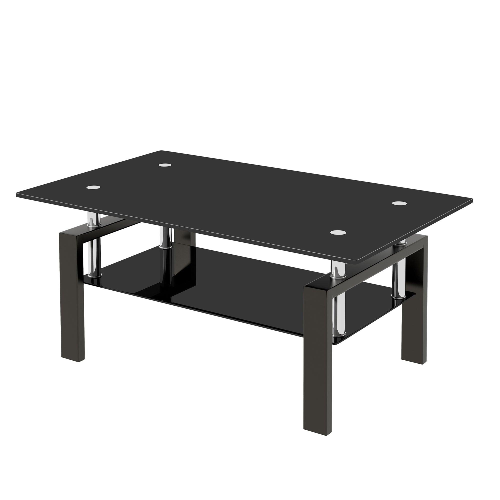 Black Tempered Glass Coffee Table, 2 Layer Storage Tea Table LamCham