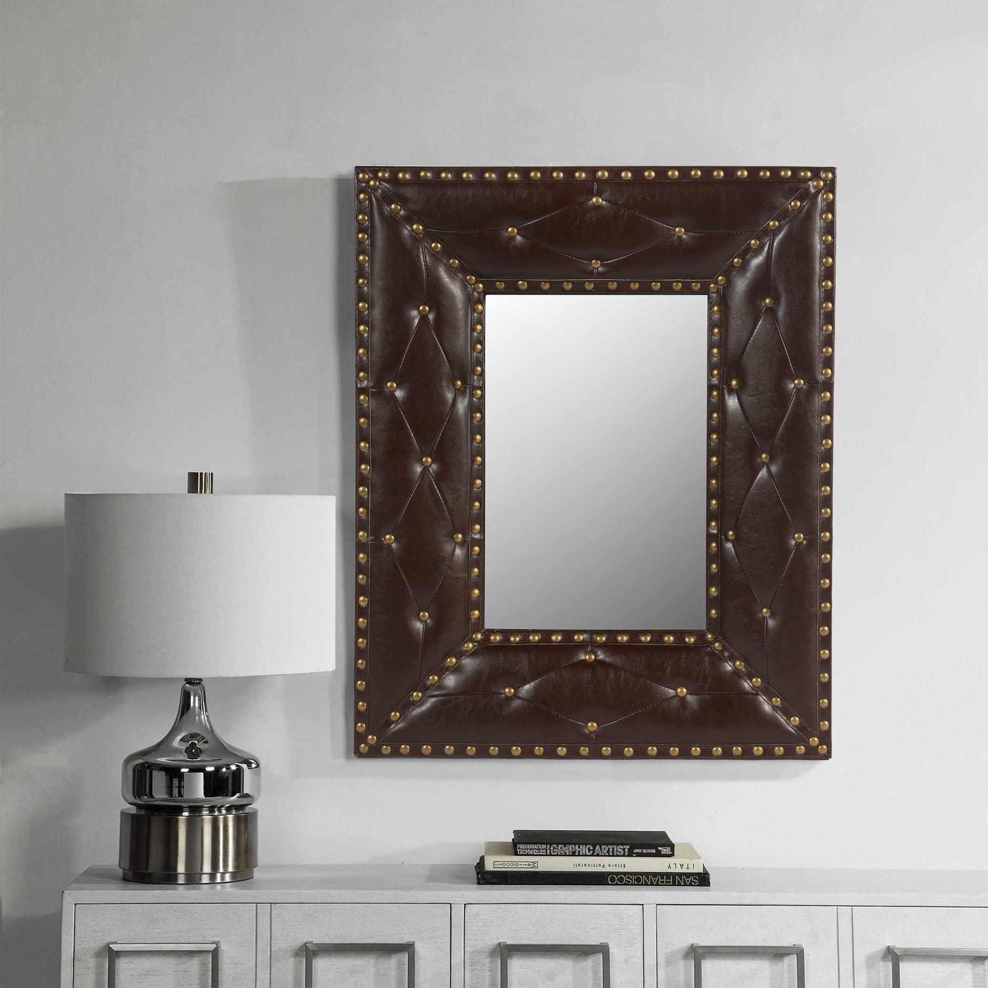 Brown Rectangle Decorative Wall Hanging Mirror, Rivet Decoration, PU Covered MDF Framed Mirror For Bedroom Living Room Vanity Entryway Wall Decor, 21X26Inch LamCham